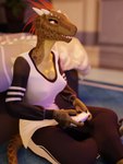 anthro cloth clothed clothing female fully_clothed gaming green_body sitting solo peresvet blender_cycles furromantic_(modeller) microsoft the_elder_scrolls argonian scalie 3:4 3d_(artwork) absurd_res digital_media_(artwork) hi_res