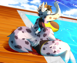 anthro belly belly_folds big_breasts big_butt bra breasts brown_hair butt clothing detailed_background female fluffy fluffy_tail fur fur_markings grey_body grey_fur hair huge_breasts huge_butt huge_hips huge_thighs inner_ear_fluff looking_at_viewer looking_back looking_back_at_viewer markings overweight panties pool_toy poolside raised_hand sitting sitting_on_ground sky slightly_chubby slightly_chubby_anthro slightly_chubby_female smile smiling_at_viewer solo spots spotted_body spotted_fur swimming_pool swimwear tail thick_thighs tuft underwear white_body white_fur wide_hips chatski hyena mammal hi_res portrait three-quarter_portrait