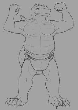 anthro diaper flexing male musclegut muscular muscular_male solo standing tail legswithsnake alligator alligatorid crocodilian reptile scalie monochrome