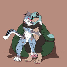 anthro anthro_on_anthro blue_eyes duo eye_contact hug looking_at_another male male/male nude open_mouth pawpads red_eyes simple_background sitting smile martinballamore marshal_(awes) felid leopard lion mammal pantherine 1:1 2020 absurd_res hi_res signature