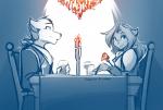 alternate_species anthro blue_background blush candelabra candle chair clothed clothing date duo ears_back eating female food furniture furrification glass hair looking_aside male pivoted_ears ponytail romantic romantic_ambiance romantic_couple romantic_dinner shy simple_background smile white_background conditional_dnp tom_fischbach twokinds maren_taverndatter sythe_(twokinds) canid canine canis domestic_cat felid feline felis keidran mammal wolf 2020 adobe_photoshop_(artwork) digital_media_(artwork) hi_res monochrome sketch