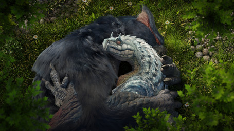 afterglow ambiguous_gender beak claws cuddling detailed_background duo eyes_closed feral fur grass hair hands_on_back hug leaf lying membrane_(anatomy) membranous_wings on_side plant resting sleeping wings ivorylagiacrus capcom monster_hunter fanged_wyvern flying_wyvern monster nargacuga scalie tobi-kadachi 16:9 2021 3d_(artwork) 4k absurd_res blender_(artwork) digital_media_(artwork) hi_res widescreen
