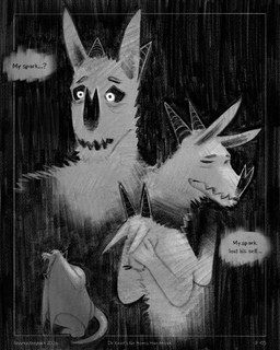 ambiguous_gender anthro black_sclera border dialogue eyebrows hand_on_face horn sad solo speech_bubble tail text wings zigzag_mouth sharkinthepark all_mighty_lord_(sharkinthepark) bat mammal 2025 4:5 absurd_res comic english_text greyscale handwritten_text hi_res monochrome male_(lore)