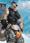 2024 5_fingers anthro athletic athletic_anthro athletic_male black_nose bottomwear bulge canid canine canis claws clothed clothing epic_games fangs finger_claws fingerless_gloves fingers fortnite fur gloves grey_body grey_fur handwear hat headgear headwear hi_res humanoid_hands jockstrap juiceps male mammal mountain open_mouth open_smile rogue_fang shorts smile snow solo teeth tongue tongue_out topwear underwear vest wendell_(fortnite) wolf
