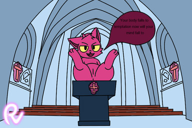 anus bench black_nose blue_background church cross feet female feral fur lying magic red_body red_ears red_face red_feet red_fur simple_background smile solo speech_bubble text window_sill yellow_eyes passey_voppy demon domestic_cat felid feline felis mammal 3:2