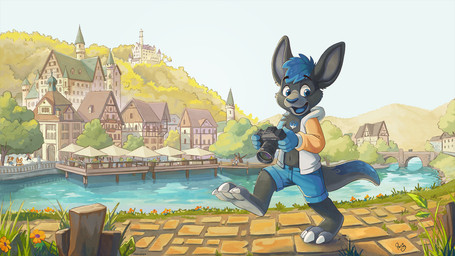 anthro blue_bottomwear blue_clothing blue_eyes blue_hair blue_nose blue_shorts blue_tail blue_topwear bottomwear building camera clothed clothing day detailed_background flower fur glistening glistening_eyes grass grey_body grey_fur grey_tail group hair holding_camera holding_object logo looking_at_viewer male open_clothing open_mouth open_smile open_topwear orange_clothing orange_topwear outside plant short_hair shorts smile solo_focus standing tail topwear water white_clothing white_topwear young young_anthro young_male pandapaco kangaroo macropod mammal marsupial 2024 artist_logo dated hi_res signature