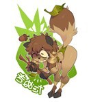 acorn anthro backwards_text brown_body brown_fur female food fruit fur leaf nut_(fruit) plant simple_background solo stick text white_background foretbwat tanuki_(foretbwat) canid canine mammal raccoon_dog tanuki 2022 absurd_res hi_res japanese_text