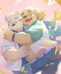 anthro clothing coat cuddling duo eyebrows eyewear floppy_ears fur glasses hug lab_coat male male/male overweight scarf thick_eyebrows topwear white_body white_fur yellow_body yellow_fur seamonsterping lifewonders tokyo_afterschool_summoners cu_sith_(tas) leib_(tas) bear bird_dog canid canine canis domestic_dog golden_retriever hunting_dog mammal polar_bear retriever ursine 2022 absurd_res hi_res