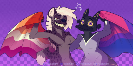 anthro bisexual bisexual_character bisexual_pride_colors celebration checkered checkered_background duo female female/female holding_arms hug lesbian_character lesbian_pride_colors lgbt lgbt_pride lgbtq love male pattern_background pride pride_colors purple_background simple_background angry_platypus hybrid hyena mammal monotreme platypus spotted_hyena invalid_tag joy_(disambiguation) hi_res