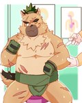 anthro belly brown_body cute_fangs duo humanoid_hands kemono male moobs nipples one_eye_closed overweight overweight_male scar sitting solo_focus vaccination vaccine ginsingoo1 lifewonders tokyo_afterschool_summoners yasuyori_(tas) canid canine canis domestic_dog mammal 2021