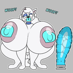 big_breasts big_dildo blue_collar blue_eyes blue_eyeshadow blue_lips blue_pasties bodily_fluids breasts busty_feral collar dildo exclamation_point eyelashes eyeshadow female feral front_view fur genitals hair half-closed_eyes huge_breasts humanoid_genitalia humanoid_genitalia_on_feral humanoid_vulva humanoid_vulva_on_feral hyper hyper_breasts lips looking_at_viewer makeup narrowed_eyes pasties sex_toy solo tail text vulva white_body white_ears white_fur white_hair white_tail alexdraws canid canine canis domestic_dog mammal 1:1 2025 digital_media_(artwork) hi_res