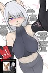 abs ak-15 anthro athletic_wear big_breasts blush breasts clothing condom dialogue female hairless muscular muscular_female sexual_barrier_device simple_background smile solo teasing text thick_thighs mashakseh girls_frontline domestic_cat felid feline felis hairless_cat mammal sphynx_(cat) digital_media_(artwork) english_text hi_res