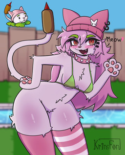 anthro bikini blush blush_lines bottomless brown_nose clothed clothing collar featureless_crotch female fur green_bikini green_clothing green_swimwear hair hat headgear headwear legwear long_hair open_mouth open_smile pattern_clothing pattern_legwear pattern_thigh_highs pawpads pink_body pink_clothing pink_fur pink_hair pink_hat pink_headwear pink_legwear pink_thigh_highs plant red_eyes smile snaggle_tooth solo spiked_collar spikes striped_clothing striped_legwear striped_thigh_highs stripes swimwear tail thick_thighs thigh_highs two-piece_swimsuit unusual_anatomy unusual_tail wide_hips krinsfon electronic_arts plants_vs._zombies popcap_games cattail_(pvz) domestic_cat elemental_creature felid feline felis flora_fauna hybrid mammal absurd_res hi_res
