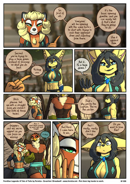 anthro black_body black_fur black_hair blonde_hair blue_eyes brown_body brown_fur chest_tuft cleavage_cutout cutout female fur green_body green_eyes green_fur group hair male muscular muscular_female muscular_male orange_body orange_fur size_difference smaller_female tan_body tan_fur trio tuft white_body white_fur wings yellow_body yellow_fur feretta tale_of_tails birk_blackbeak fenavi_montaro morgan_laranda ailurid avian bird canid canine falcon falconid fennec_fox fox mammal red_panda true_fox comic hi_res