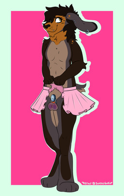 anthro balls banding bdsm blush bottomwear castration chastity_cage chastity_device clothed clothing clothing_lift cock_and_ball_torture cyanosis ear_piercing elastrator_band embarrassed facial_piercing femboy fur genital_cyanosis genital_mutilation genital_torture genitals hair latex latex_bottomwear latex_clothing latex_skirt lip_piercing male mutilation piercing pink_bottomwear pink_clothing pink_skirt pose presenting presenting_balls presenting_chastity_cage rabbit_ears raised_bottomwear raised_clothing raised_skirt ring_piercing scut_tail short_tail shy simple_background skirt skirt_lift smile solo spots submissive tail testicular_cyanosis goldnamaterasu lagomorph leporid mammal rabbit digital_media_(artwork) hi_res pinup nonbinary_(lore)