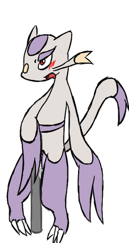 blush bodily_fluids female feral genital_fluids genitals masturbation pole red_eyes solo vaginal vaginal_fluids vaginal_masturbation vulva shinyumbre nintendo pokemon generation_5_pokemon mienshao pokemon_(species)