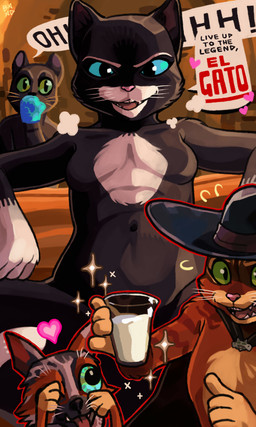 anthro athletic athletic_female beverage black_body black_fur blue_eyes breasts brown_body brown_fur cape clasp clothing container convenient_censorship cup dialogue eyebrows featureless_breasts female feral fluffy fur glass glass_container glass_cup green_eyes group handwear happy hat headgear headwear heart_symbol holding_beverage holding_object looking_at_another looking_at_viewer looking_forward looking_up male milk mittens mostly_nude navel orange_body orange_fur pink_nose pointy_ears pose prick_ears pupils sharp_fangs sharp_teeth sitting slit_pupils small_breasts smile sparkles speech_bubble spread_legs spreading teeth text tomboy toned_female whiskers white_eyebrows white_pupils baxxd dreamworks puss_in_boots_(franchise) kitty_softpaws ohhh_cat_(puss_in_boots) perrito_(puss_in_boots) puss_in_boots_(dreamworks) canid canine canis chihuahua domestic_cat domestic_dog felid feline felis mammal tabby_cat toy_dog tuxedo_cat digital_media_(artwork) english_text hi_res signature spanish_text