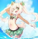 2018 anthro bikini blonde_hair blush brown_body brown_fur canid canine canis clothing cloud domestic_dog female fur green_eyes hair hi_res kemono looking_at_viewer mammal mimi_(youki029) navel open_mouth outside partially_submerged ribbons sky solo spitz standing swimwear water youki029