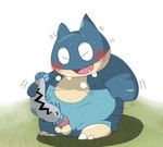 2022 anthro balls barboach belly big_belly blue_body blush bodily_fluids cute_fangs duo erection eyes_closed feral generation_3_pokemon generation_4_pokemon genitals ginpachi914 hi_res kemono living_condom male munchlax nintendo oral overweight overweight_male penis pokemon pokemon_(species) sweat