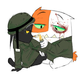 3_toes 4_fingers alternate_universe anthro anthro_on_anthro armor army_helmet army_uniform black_body black_fur black_tail blood blood_on_face blood_splatter bodily_fluids bottomless bottomless_anthro bottomless_male chest_tuft cigarette cigarette_in_mouth clothed clothed_anthro clothed_male clothing collared_shirt duo ears_back ears_down eyebrows feet fingers fire fur green_clothing green_helmet green_sclera green_shirt green_topwear half-closed_eyes hand_on_another's_leg hand_on_leg headgear helmet holding_lighter holding_object lighter lighting_cigarette long_ears looking_down male male/male male_anthro male_on_anthro military military_clothing military_helmet military_uniform multicolored_body multicolored_fur narrowed_eyes object_in_mouth on_ground orange_body orange_fur orange_tail pivoted_ears pointy_ears prick_ears raised_eyebrows scratch_mark scratches semi-anthro sharp_teeth shirt short_ears short_tail side_view simple_background sitting smoking smoking_cigarette tail teeth teeth_showing three-quarter_view toes topwear tuft two_tone_body two_tone_fur two_tone_head underbite uniform wearing_helmet white_background white_body white_fur yellow_sclera cutoffcutiemark catscratch gear_(doug_tennapel) geer_(cutoffcutiemark) nickelodeon gordon_quid mr._blik domestic_cat felid feline felis mammal brother_(lore) brothers_(lore) sibling_(lore)