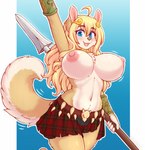 anthro armor belt big_breasts blonde_hair blue_eyes bone bottomwear bouncing_breasts breasts clothed clothing cute_fangs female fur hair holding_object holding_weapon kemono kilt long_hair melee_weapon nipples open_mouth partially_clothed polearm raised_arm skirt skull skull_belt smile solo spear tan_body tan_fur topless vambrace weapon dobrota freya_eisfried canid canine canis domestic_dog mammal hi_res