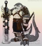 abs anthro armor axe battle_axe biceps big_axe big_sword big_weapon bone claw_(weapon) claws clothed clothing dual_wielding fantasy_axe fantasy_sword fantasy_weapon fur fur_trim_(clothing) greataxe greatsword holding_object holding_weapon leather leather_armor male melee_weapon muscular muscular_anthro muscular_male paddle_sword pecs scar sharp_teeth simple_background solo spiked_armor spikes sword teeth topless weapon white_body white_fur wrap regentshaw fish marine shark