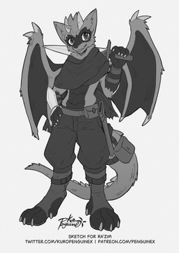 adventurer anthro armor black_body black_pawpads black_scales bracers claws dewclaw fur horn male melee_weapon neck_tuft orange_eyes padded_palms pawpads paws scales scaly_pawpads solo sword tail tail_spines tan_body tan_fur text toe_claws tuft weapon wings penguinexperience nintendo pokemon squirrel_(razim) drackal generation_4_pokemon hybrid kobold pokemon_(species) riolu scalie 2025 absurd_res hi_res monochrome url