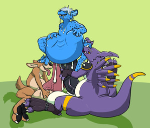 abdominal_bulge anal anal_penetration anthro balls belly big_balls big_belly big_feet big_penis blue_body blue_fur blue_hair bodily_fluids butt claws cum cum_in_ass cum_in_mouth cum_inflation cum_inside cumshot digimorph double_anal double_penetration ejaculation erection feet foot_fetish fur genital_fluids genitals group group_sex hair huge_balls huge_penis humanoid_genitalia humanoid_penis hyper hyper_balls hyper_genitalia hyper_penis inflation male male/male male_penetrated male_penetrating male_penetrating_male nude orgasm pawpads penetration penile penis sex simple_background smile tail threesome tongue trio saphiros bandai_namco digimon dragoneer_(character) kraven_lupei seph_(devilyote) canid canine canis coyote digimon_(species) hyena mammal spotted_hyena hi_res