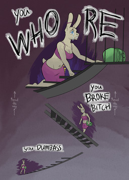 anthro bodily_fluids breasts clothed clothing crying degradation duffel_bag ear_piercing female fur industrial_piercing inner_monologue piercing simple_background solo stairs sunflower_(halcyon) tears text thinking lost_andsafe halcyon_(series) lagomorph leporid mammal rabbit 2025 absurd_res comic digital_media_(artwork) english_text hi_res