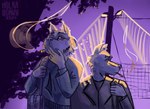 cigarette duo male purple_light smoking street holkaqonka canid canine canis felid feline lynx mammal wolf hi_res