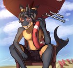 anthro asking beach beach_umbrella biped black_body black_skin black_tail blue_eyes bulge chair clenched_teeth clothed clothing cloud detailed_bulge english_text erection erection_under_bottomwear exposed eyewear fin fish furniture genital_outline genitals glans glasses hair hi_res holding_object humanoid_genitalia humanoid_penis jarlium lemon_shark looking_down male marine messy_hair multicolored_body multicolored_skin on_chair parasol penis penis_outline pink_eyewear pink_glasses requiem_shark shadow shark shark_tail signature simple_background sitting sitting_on_chair sky solo tail talking_to_another teeth text topless two_tone_body two_tone_skin umbrella white_clouds yellow_body yellow_skin