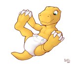 anthro clean_diaper clothed clothing diaper diaper_only green_eyes male solo topless wearing_diaper white_back young young_anthro iztli bandai_namco digimon agumon digimon_(species) 2022 hi_res