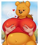 anthro belly big_belly big_breasts blush bottomless breast_grab breasts brown_hair clothed clothing crossgender duo female fur grope hair hand_on_breast heart_symbol huge_breasts male male/female mtf_crossgender navel nipple_outline overweight overweight_female plushie shirt shirt_only topwear topwear_only wide_hips yellow_body yellow_fur acstlu disney winnie_the_pooh_(franchise) christopher_robin pooh_bear animate_inanimate bear human living_plushie mammal 2021 hi_res