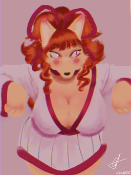 anthro big_breasts black_nose breasts clothing dress female fur looking_at_another orange_body orange_fur paws pink_background red_eyes simple_background solo standing churroz undertale_yellow ceroba_ketsukane canid canine fox mammal 3:4 colored_sketch digital_drawing_(artwork) digital_media_(artwork) hi_res sketch