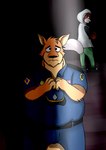 anthro bottomwear clothing duo hoodie humanoid_hands male overweight overweight_male pants police police_hat police_officer police_uniform sad shirt topwear uniform berryrpgmakerb brok_the_investigator cowcat_games dee_silver sin_silver canid canine kangaroo macropod mammal marsupial 2022