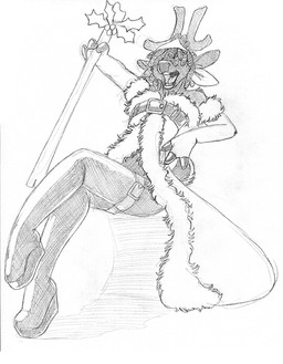 alternate_species anthro antlers biped boots clothing dreadlocks female flat_chested footwear holding_object holidays horn legwear open_mouth open_smile raised_arm shoes sitting smile solo staff thigh_highs wolfkidd christmas constance_blacksheep deer mammal new_world_deer reindeer 2017 monochrome