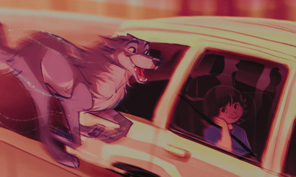 ambiguous_feral ambiguous_gender ambiguous_human black_hair black_nose black_pawpads blue_clothing blue_shirt blue_topwear car clothed clothing detailed_background digitigrade duo eyebrows feral fur grey_body grey_fur hair imagination imagining inside_car inside_vehicle open_mouth open_smile outside pawpads paws red_tongue running shirt smile snout tail tongue topwear vehicle yellow_eyes young young_human ritwell canid canine canis human mammal wolf 2023 digital_media_(artwork) hi_res
