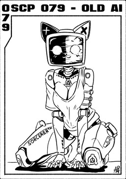 breasts cleavage clothed clothing female kneeling looking_at_viewer machine not_furry shirt simple_background solo topwear aphelion_host scp_foundation voices_of_the_void kerfur_omega_(votv) scp-079 robot monochrome