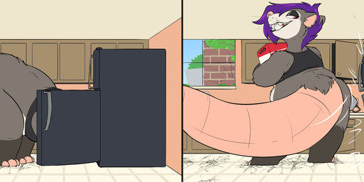after_growth anthro appliance bent_over big_tail body_size_growth bottomless clothed clothing destruction female fridge huge_tail inside kitchen kitchen_appliance partially_clothed size_transformation solo tail transformation knaveofclubs syrup_(colossified) american_opossum mammal marsupial hi_res