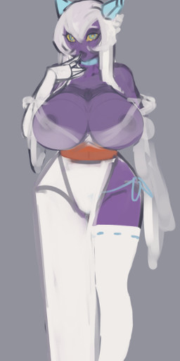 areola areola_slip big_breasts breasts female grey_background hair huge_breasts kemono looking_at_viewer nipples nipples_visible_through_clothing not_furry purple_body purple_skin simple_background solo white_hair liveforthefunk nintendo pokemon froslass generation_4_pokemon ghost humanoid pokemon_(species) spirit