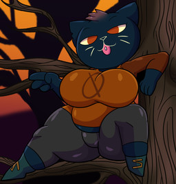 4_fingers anthro belly big_breasts black_body black_fur bottomwear breasts cat_smile clothing detailed_background eyebrows female fingers footwear fur gesture grey_bottomwear grey_clothing grey_pants hair hand_gesture huge_breasts leaning_on_tree long_sleeve_shirt looking_at_viewer notched_ear orange_clothing orange_eyes orange_shirt orange_topwear overweight overweight_anthro overweight_female pants piercing plant red_hair shirt shoes shortstack shortstack_female sitting_on_branch solo sunset thick_thighs tight_clothing tongue tongue_out tongue_piercing topwear tree v_sign whiskers someth1ngoranother night_in_the_woods mae_borowski domestic_cat felid feline felis mammal 2025 digital_media_(artwork) hi_res