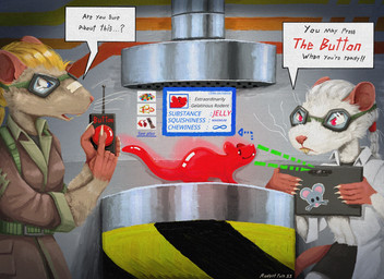 ambiguous_gender anthro bandage bandage_on_face bandage_on_nose blonde_hair blue_eyes braided_hair buckteeth claws clothed clothing controller dialogue eyewear female feral fully_clothed fur goggles group hair inside machine_press open_mouth pushbutton red_body red_eyes remote_control smile tablet_computer tan_body tan_fur teeth text trio whiskers white_body white_fur white_hair gompami mammal murid murine rat rodent 2026 english_text hi_res