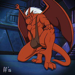 anthro bikini_only brown_sling_bikini bulge clothing featureless_chest hair hand_on_knee hand_on_leg hand_on_own_knee hand_on_own_leg male mouth_closed one-piece_swimsuit pecs red_body sling_bikini solo swimwear tail white_hair wings fabfelipe disney gargoyles brooklyn_(gargoyles) gargoyle scalie 1:1 2026 digital_drawing_(artwork) digital_media_(artwork) hi_res