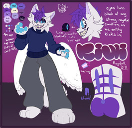 back_stripes black_sclera blue_claws blue_clothing blue_eyes blue_long_sleeve_shirt blue_pawpads bottomwear character_palette cheek_fur claws clothing eyeshadow fangs feathered_wings feathers fur fur_markings grey_body grey_bottomwear grey_clothing grey_ears grey_fur grey_pants hair long_sleeve_shirt makeup markings open_mouth pants pawpads paws pronouns purple_body purple_fur purple_hair smile striped_markings stripes teeth text top_scars white_wings wings tr1clip kiwi_(tr1clip) domestic_cat felid feline felis mammal 2023 character_name english_text hi_res model_sheet trans_(lore) trans_man_(lore)