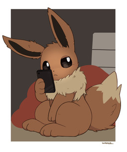 ambiguous_gender border brown_body brown_eyes brown_fur cellphone electronics feral fluffy fur holding_cellphone holding_object holding_phone holding_smartphone long_ears looking_at_viewer paws phone ruff sitting smartphone solo tail tan_body tan_fur white_border inukami_hikari nintendo pokemon eevee generation_1_pokemon pokemon_(species) 2026 digital_media_(artwork) hi_res