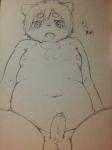 anthro balls big_eyes biped bodily_fluids chest_tuft erection eyebrows foreskin fur genital_fluids genitals hair humanoid_genitalia humanoid_penis kemono male moobs navel nude open_mouth partially_retracted_foreskin penis precum simple_background slightly_chubby solo teeth tuft kurokiriririri 3:4 monochrome sketch