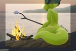 anthro beach brown_horn burning campfire candy dessert female fire food green_body green_scales horn markings marshmallow nude scales sea seaside sitting sitting_on_log solo sun sunset tail water draconickobold blender_eevee pear_(draconickobold) draconic kobold scalie 2023 3:2 3d_(artwork) absurd_res blender_(artwork) digital_media_(artwork) hi_res huge_filesize