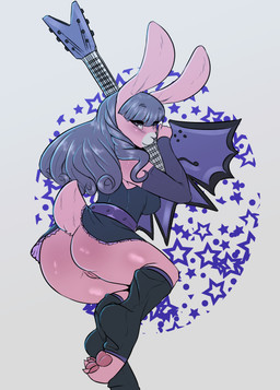 abstract_background anthro blue_hair blush bottomwear butt claws clothed clothing curling_toes dress electric_guitar feet female footwear fur genitals guitar hair legwear looking_at_viewer musical_instrument no_underwear pawpads paws pink_body pink_fur plucked_string_instrument skirt socks solo stockings string_instrument toeless_footwear toeless_socks upskirt vulva avante92 lagomorph leporid mammal rabbit 2015 hi_res