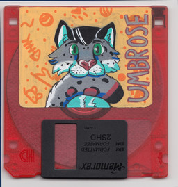 anthro badge bite floppy_disk homph looking_at_viewer male solo tail tail_bite tail_in_mouth anubis_studios microsoft the_elder_scrolls umbrose felid khajiit mammal pantherine snow_leopard hi_res