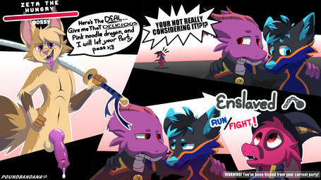 ambiguous_anthro ambiguous_gender animal_genitalia animal_penis anthro balls betrayal bodily_fluids canine_genitalia canine_penis clothed clothed_ambiguous clothed_anthro clothing cum cum_drip dialogue dripping drooling erection fully_clothed fully_clothed_ambiguous fully_clothed_anthro fur gameplay_mechanics genital_fluids genitals group hair holding_object holding_weapon horn imminent_rape imminent_sex katana knot leaking_precum looking_at_another looking_at_viewer looking_up male male_anthro melee_weapon nude nude_anthro nude_male open_mouth penis precum precum_drip red_body red_fur saliva simple_background slave smile speech_bubble sword tail teeth text tongue tongue_out user_interface user_message weapon poundbandana asian_mythology east_asian_mythology mythology bandana_(character) fuzzysmore_(character) canid canine dragon eastern_dragon fox kobold mammal mythological_creature mythological_scalie scalie 16:9 4k absurd_res comic digital_media_(artwork) english_text hi_res widescreen